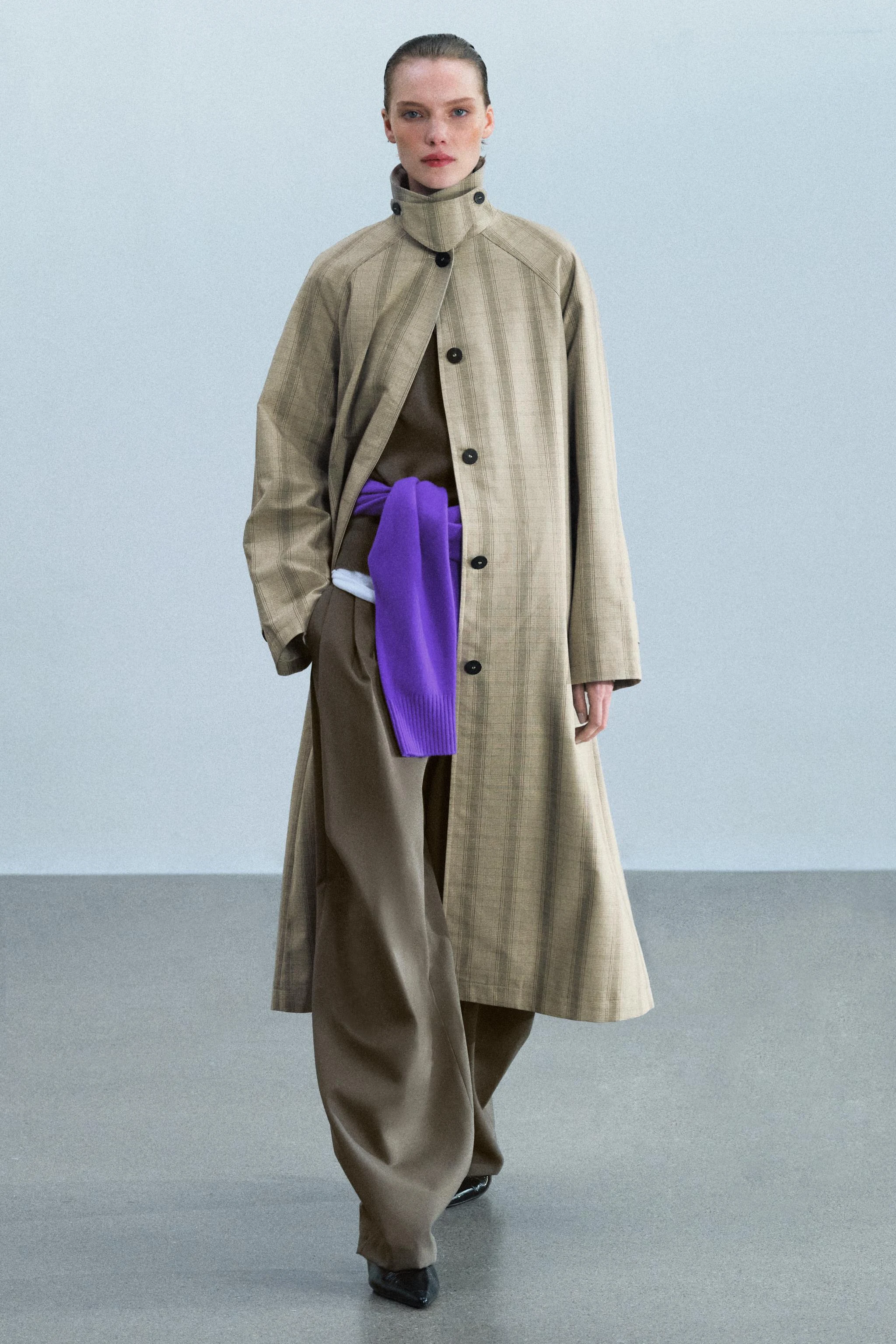 Длинный тренч в клетку ZW COLLECTION — Бежевый